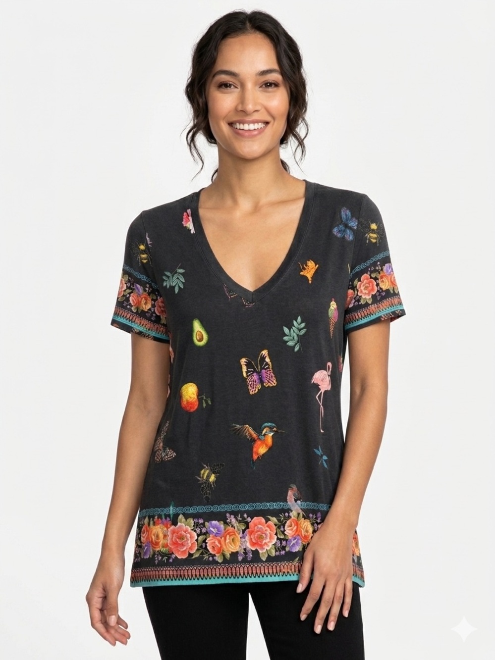 Johnny Was Zooey Whimsical Favorite Tee Butterfly Flamingo Bird Prnt Small